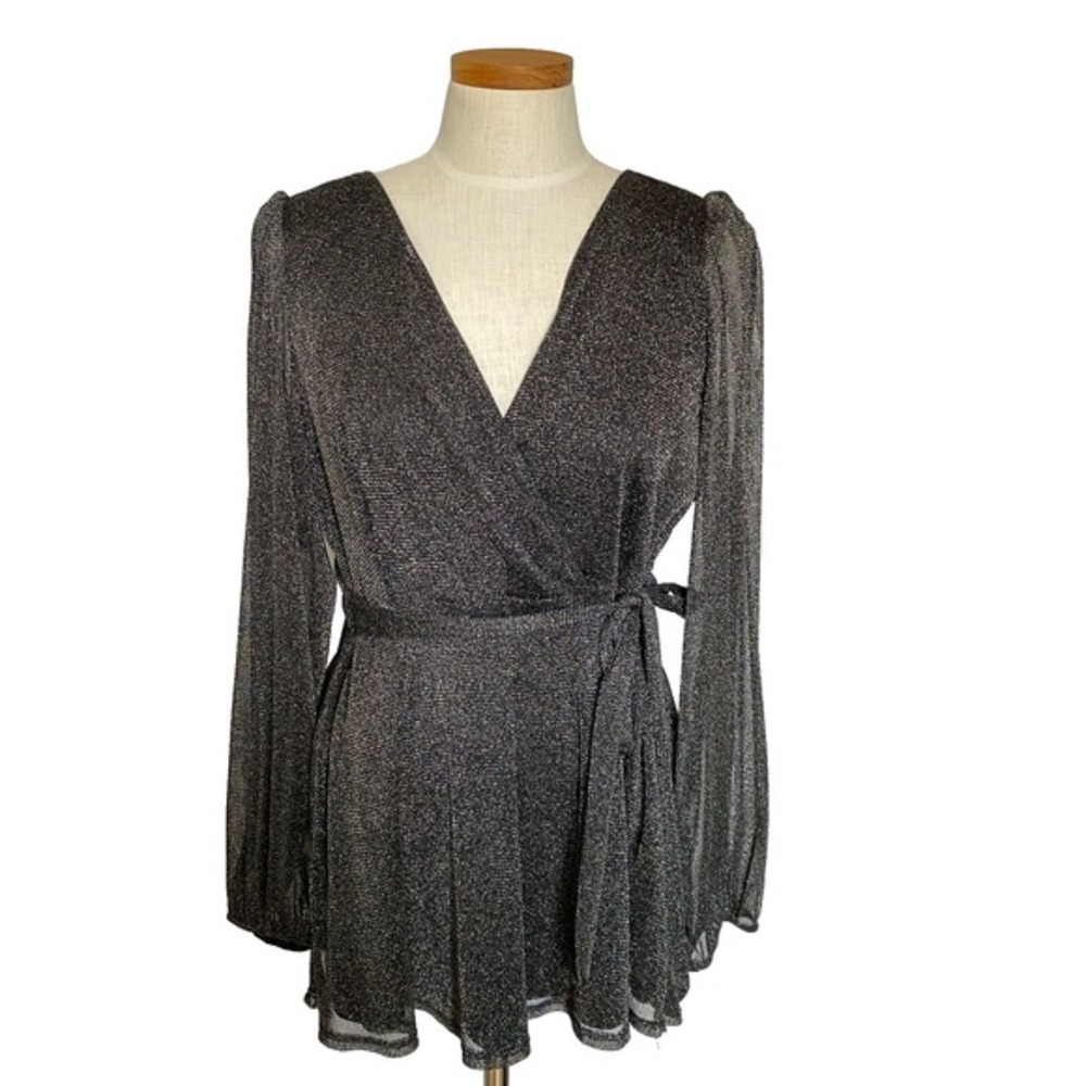 Torrid Sheer Surplice Peplum Belted Top Women 2X Metallic Black Glitter Festive